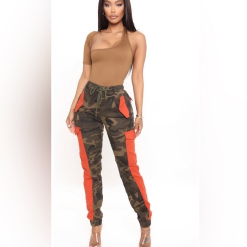 Camouflage Cargo Pants with Orange Accents
